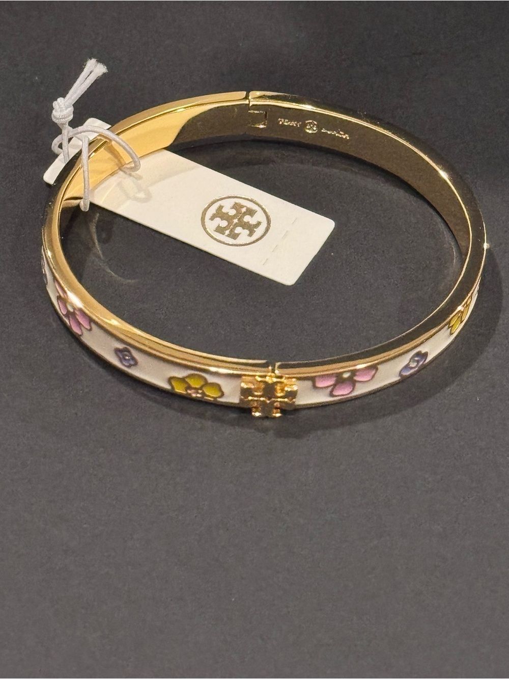 NWT Tory Burch Kira Flora-Print Enamel Hinged Bangle Bracelet Gold Cream - Picture 13 of 13